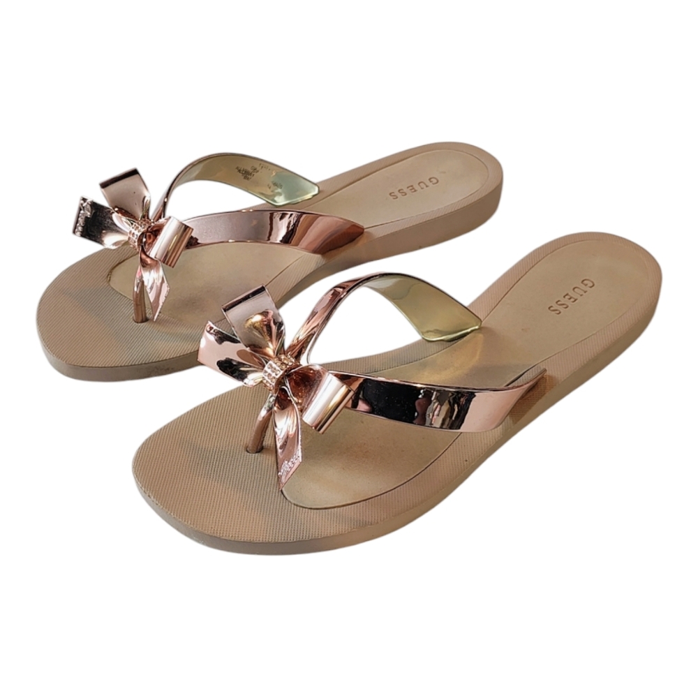 Guess Women's Tutu Eva Fashion Bow Flip Flop Sandals Rose Gold Metallic Sz 10